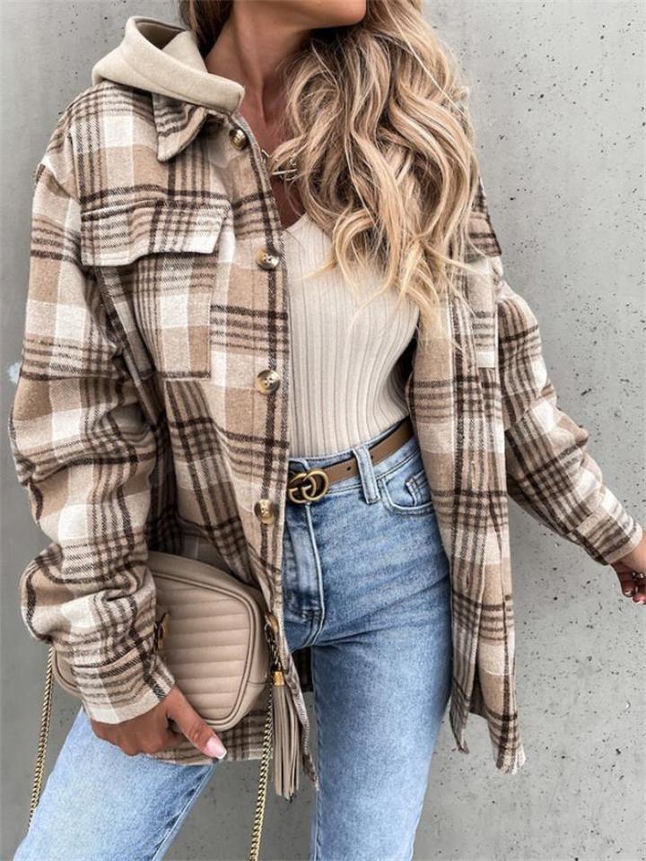 Women's Casual Fashion Plaid Lapel Hooded Coats