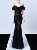 Shiny Sequin Strappy Mermaid Formal Tulle Dress for Dinner