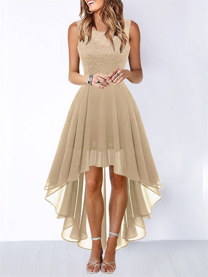 Women's Lace Splicing Round Neck Backless Chiffon Elegant Dress