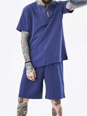 Mens Vintage Buttons Comfy Linen Short Sleeve T-Shirts+Shorts