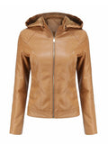 Women's Cool Hooded PU Leather Jacket with Warm Lining