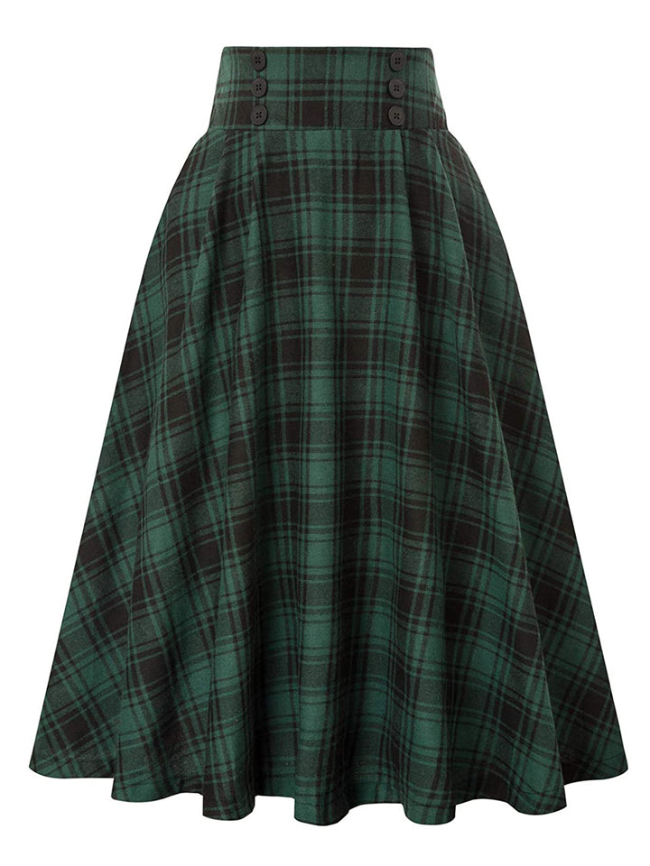 Fashion Autumn Winter Ladies Woolen Big Swing Plaid Skirt