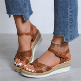 Casual Cross Strap Wedge Heel Buckle Roman Sandals for Women