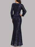New Sexy V-neck Mermaid Sequins Design Long Sleeve Evening Dresses