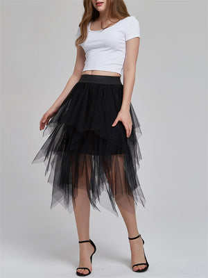 Chic Solid Elastic Waist Irregular Mesh Skirts For Women