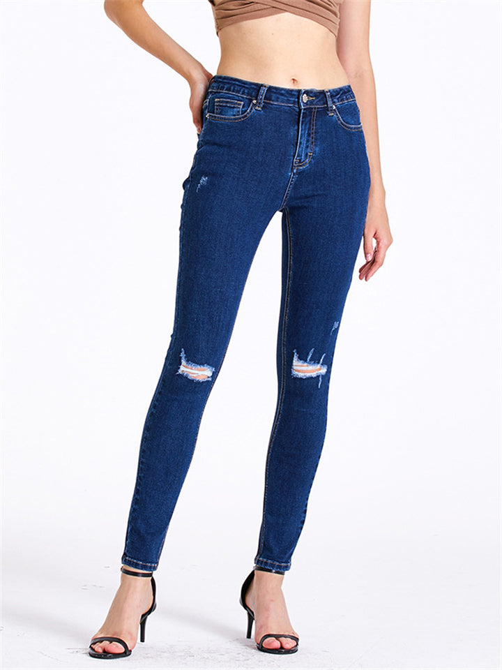 Simple Style Daily Slim Fit Ripped Dark Blue Jeans for Women