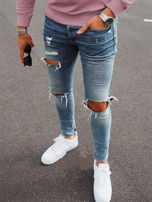 Men's Street Trendy Knee Ripped Denim Pencil Pants