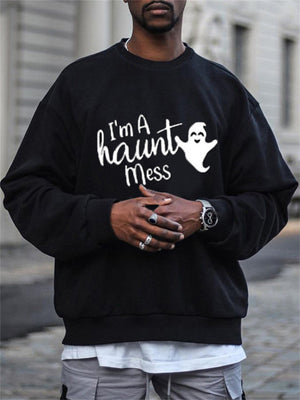 Autumn Male Plush Black Round Neck Mood Letter Ghost Print Hoodie