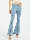 Pretty Small Floral Embroidery Colourful Pearl Vintage Style Bell Bottom Denim Jeans