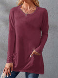 Warm Loose Round Neck Long Sleeve Pockets Women's T-shirts