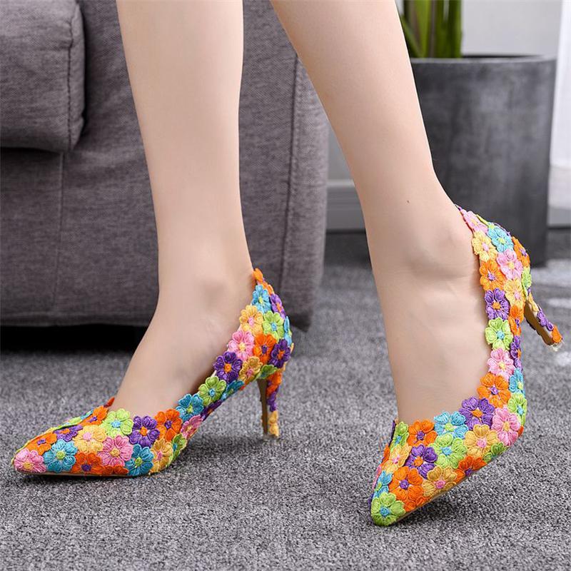 Colorful Lace Flowers Pattern Slip-on Heels Shoes