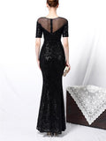 Shimmering Sequined Illusion Neck Mermaid Dress for Evening Party