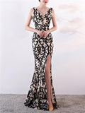 Elegant V Neck Thigh High Slit Mermaid Dress for Evening Party