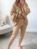 Casual Simple Buttons-Up Solid Color V-Neck Sweater Outfits Tops+Pants