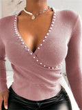 Comfy Long-Sleeved V-Neck Top With Pearl Decoration