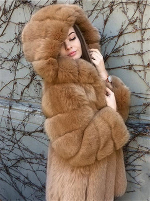 Ultra Cozy Warm Faux Fur Midi Length Hooded Coat