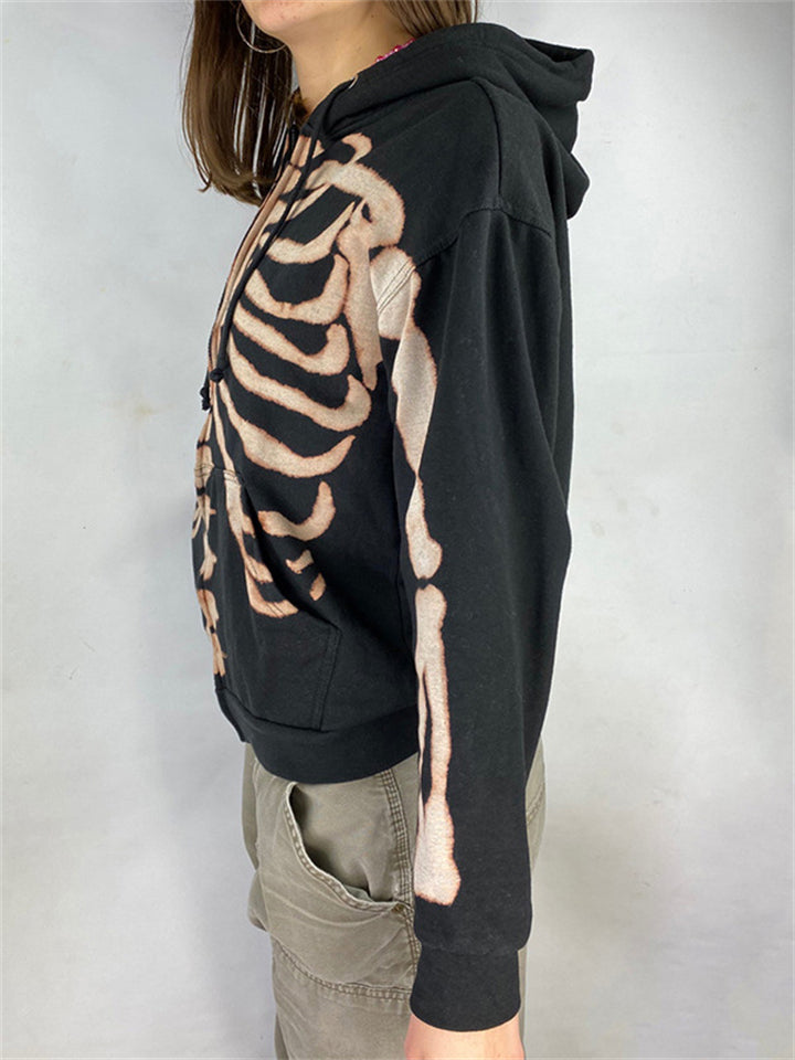 Halloween Personality Skull Print Zipper Drawstring Hooded Sweatshirt