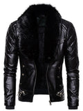 Fashion Solid Color Zipper Stitching Fur Collar Men's Leather Jacket