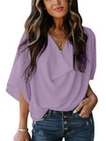 Feminine Flowy Style Cowl Neck Half Sleeve Lightweight Chiffon Pullover Tops