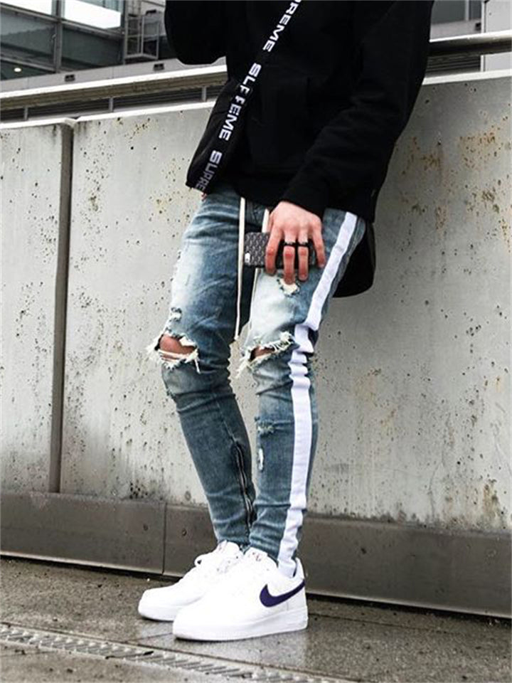 Men's Vintage Dashing White Striped Side Zipper Street Jeans