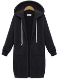Comfortable Full Zipper Pocket Drawstring Hooded Midi Coat