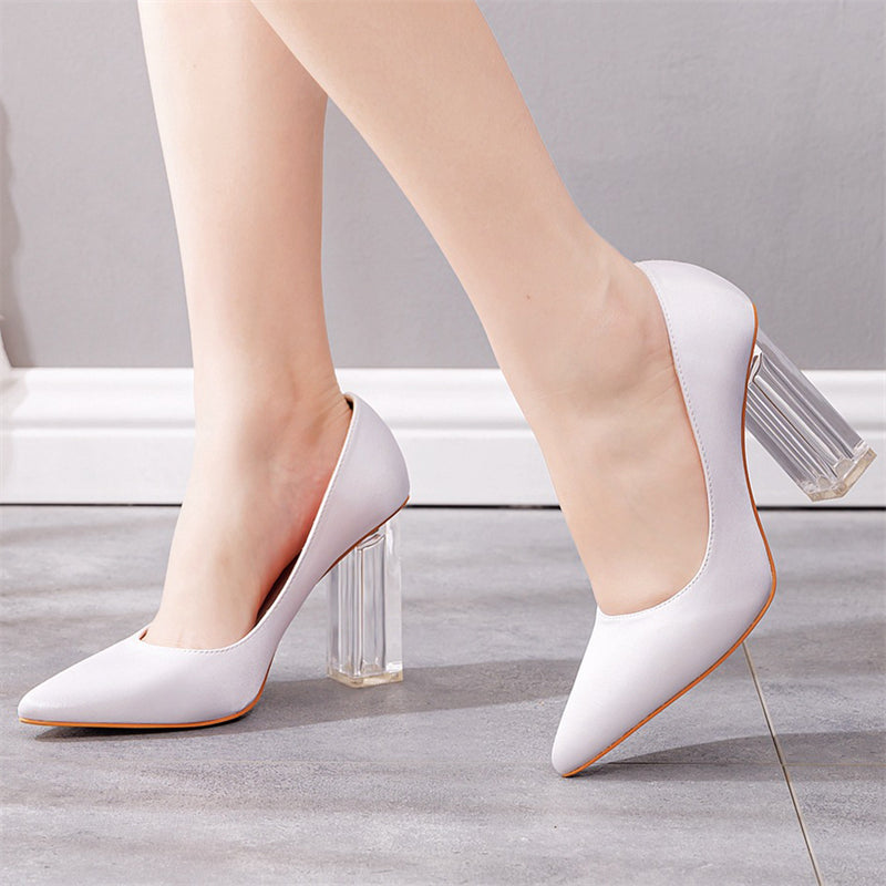 Luxury Satin Silk Pointed Toe Clear Heels Female Wedding Pumps