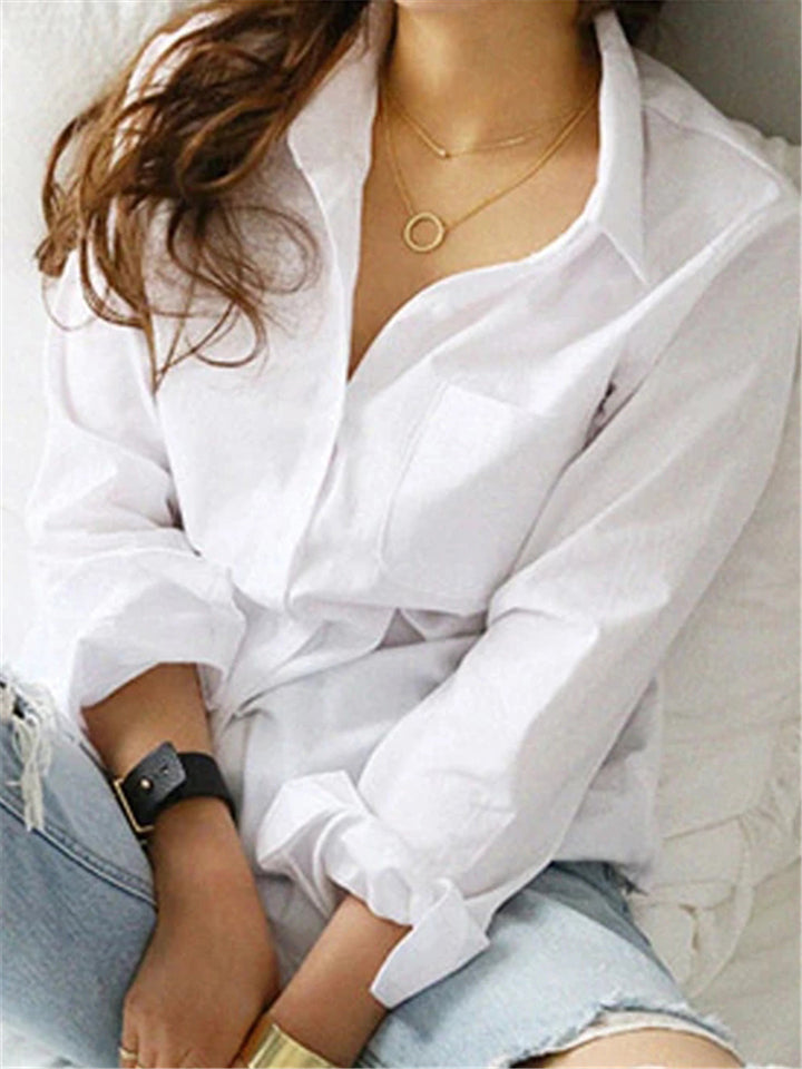 New Casual White Color Turn-Down Collar OL Style Loose Blouse For Women