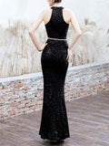 Shiny Sequined Halter Neck Maxi Mermaid Dress for Evening