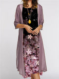 Graceful Casual Comfy Flowers Printed Round Neck Dress + Coat
