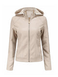 Women's Cool Hooded PU Leather Jacket with Warm Lining