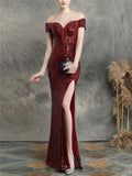 Gorgeous Off the Shoulder High Slit Sequin Evening Gown Dress