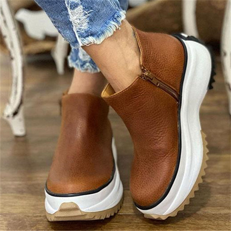 Simple Solid Color Grained Round Toe Casual Platform Flat-Heel Martin Boots