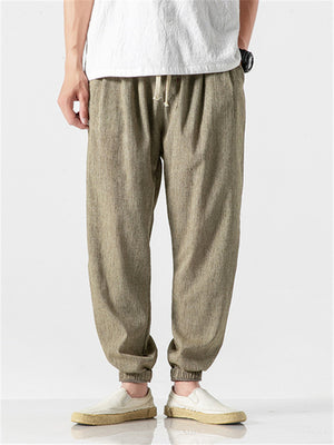 Men Cotton Linen Lightweight Drawstring Pants