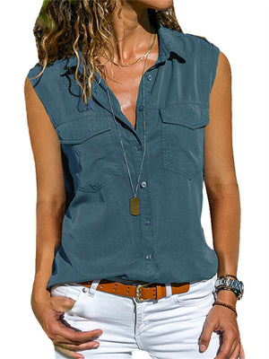 Womens Summer Casual Lapel Collar Button Front Sleeveless Blouses