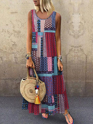 Crew Neck Women Dresses Shift Daytime Printed Patchwork Maxi Dresses