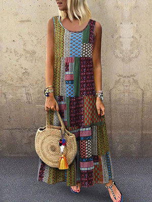 Crew Neck Women Dresses Shift Daytime Printed Patchwork Maxi Dresses