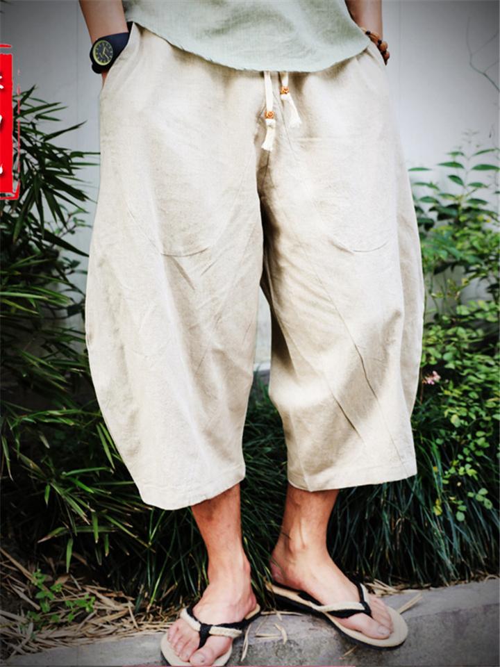 Men’s Casual Linen and Cotton Drawstring Harem Pants