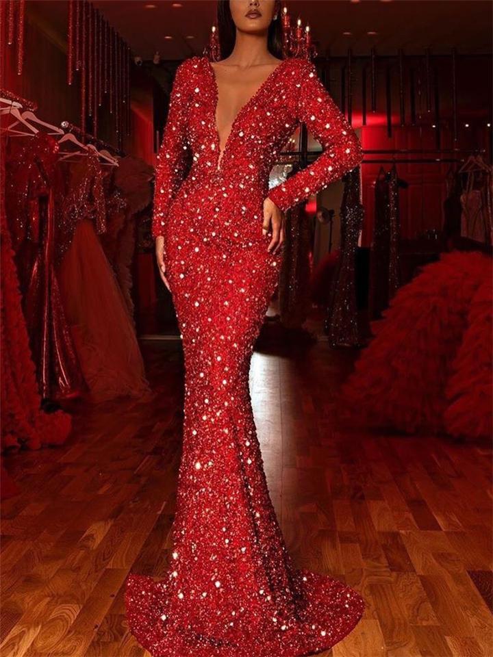 Stunning Low V Neck Sequined Long Sleeve Mermaid Dress for Prom