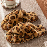 Winter Lovely Leopard Print Cross Straps Suede Women Slippers