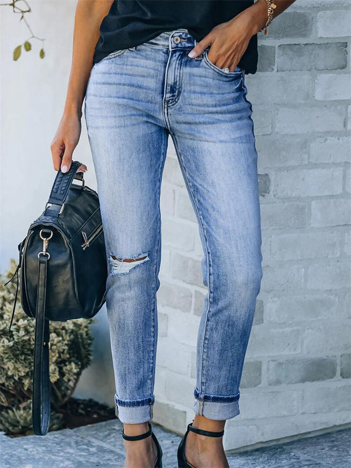 Classic Ripped Frayed Stretch Mid-Rise Jeans