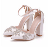 Female Gorgeous Rhinestone White Chunky High Heels Wedding Pumps