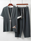 Soft Linen Comfy 2-Piece Outfit Embroidery Shirts + Drawstring Pocket Cropped Pants