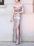 Stunning Sequined Backless Thigh High Slit Dress for Evening