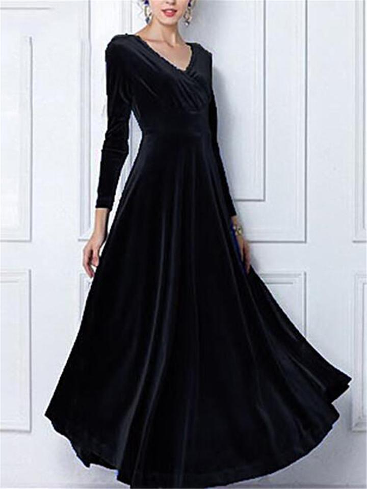 Elegant Velvet Wrap Neck Long Sleeve Maxi Dress for Evening