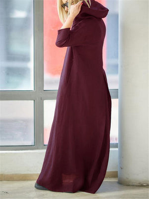 Casual Style Cotton Linen Solid Color Pocket Hooded Maxi Dress