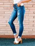 Women's Casual Washed Mid Waist Ripped Jeans