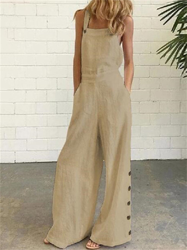 Retro Solid Color Sleeveless Side Pocket Casual Wide-Leg Side Buckle Jumpsuit