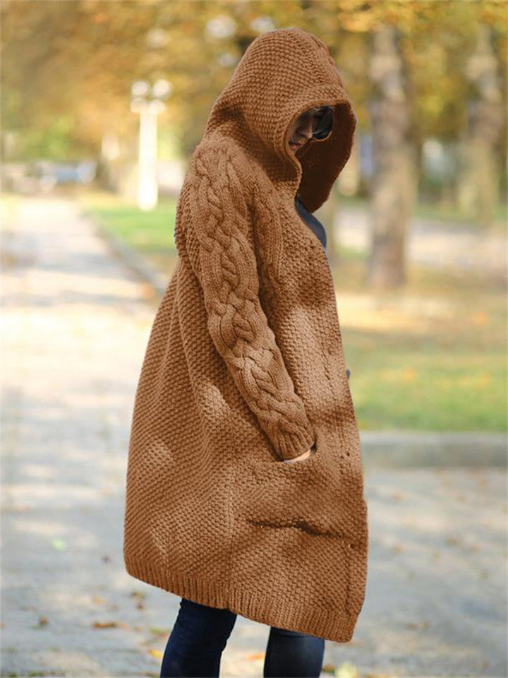 Women's Warm Buttoned Hooded Long Sweater Cardigan