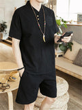 Lightweight Linen Two-Piece Outfit Wrap Neck T-Shirt + Elastic Waistband Knee-Length Pants