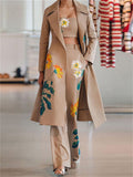 Floral Printed Long Coat Tank Top Pants Outfits 3 Pieces Sets